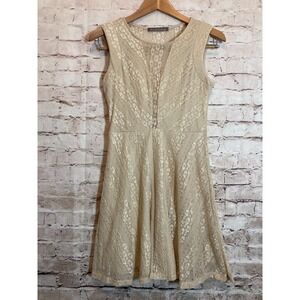Finn & Clover Dress Womens Medium Tan Beige All Over Lace A Line Coquette Boho